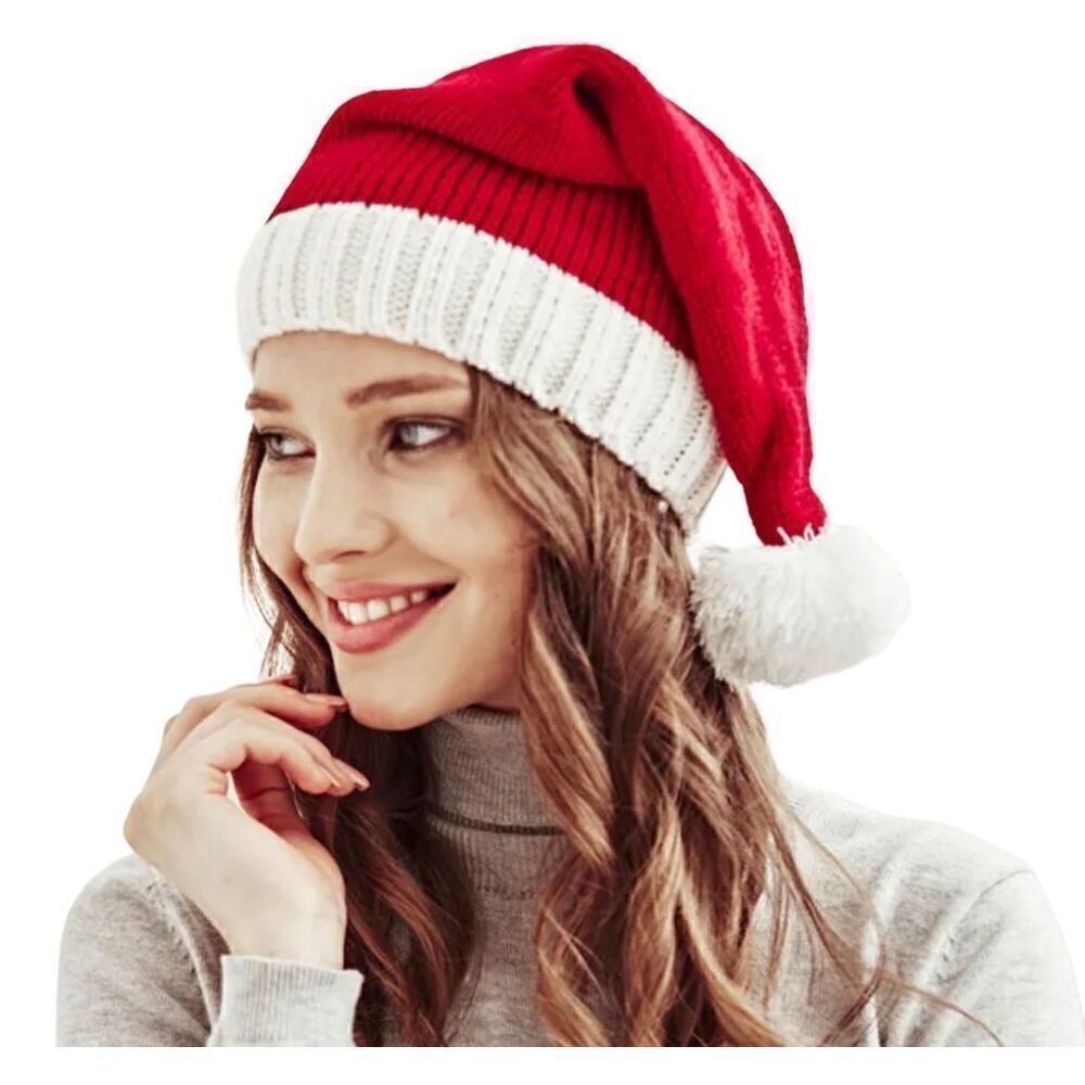 Santa Hat Knit  Red and White W/ Pom Pom OS